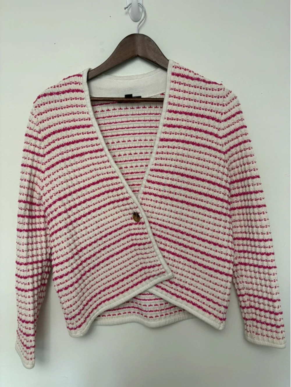 Preppy Medium Pink Ivory Textured Stripe One Button Cardigan Sweater